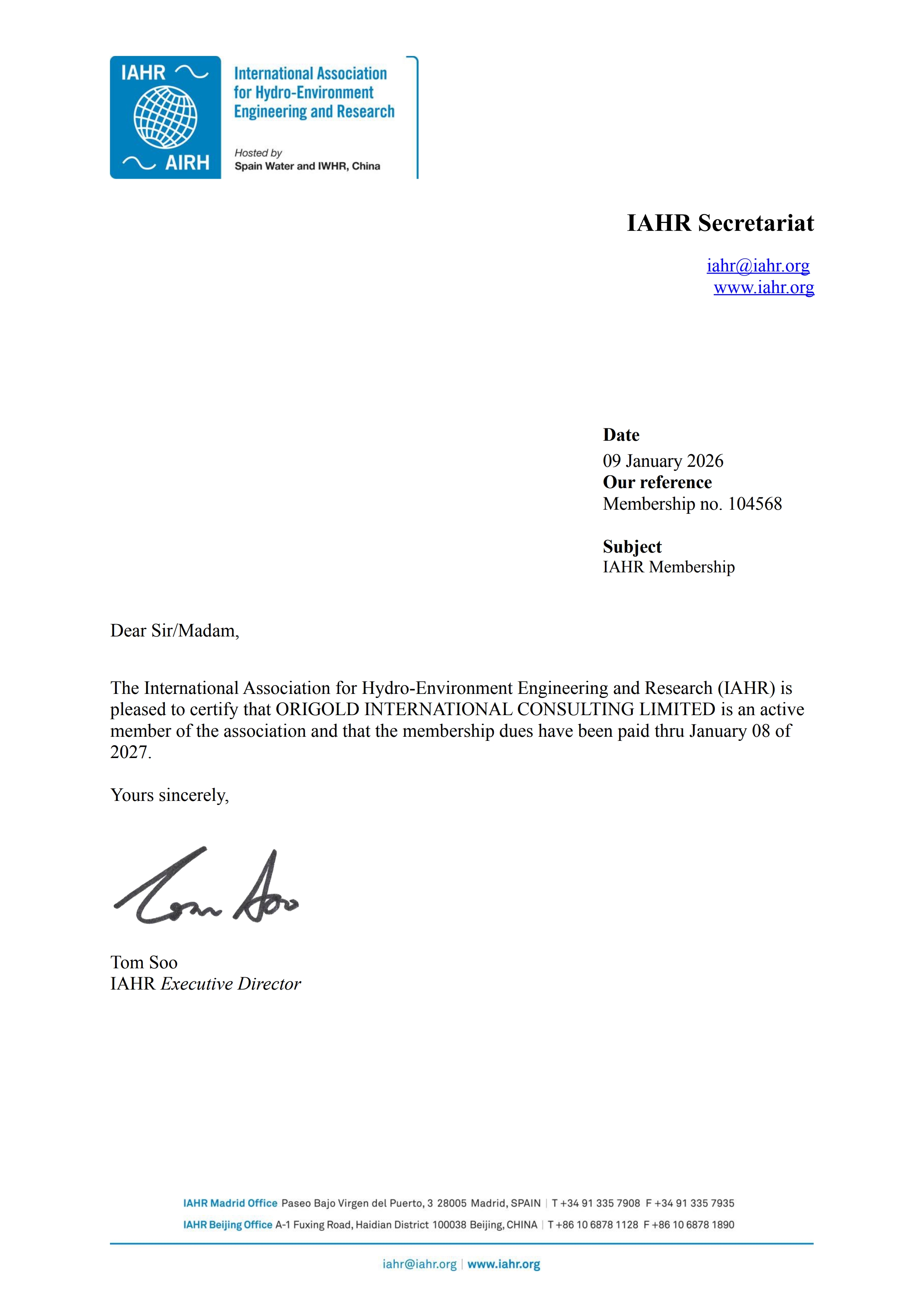 Origold joins the International Association for Hydro-Environment Engineering and Research (IAHR) 